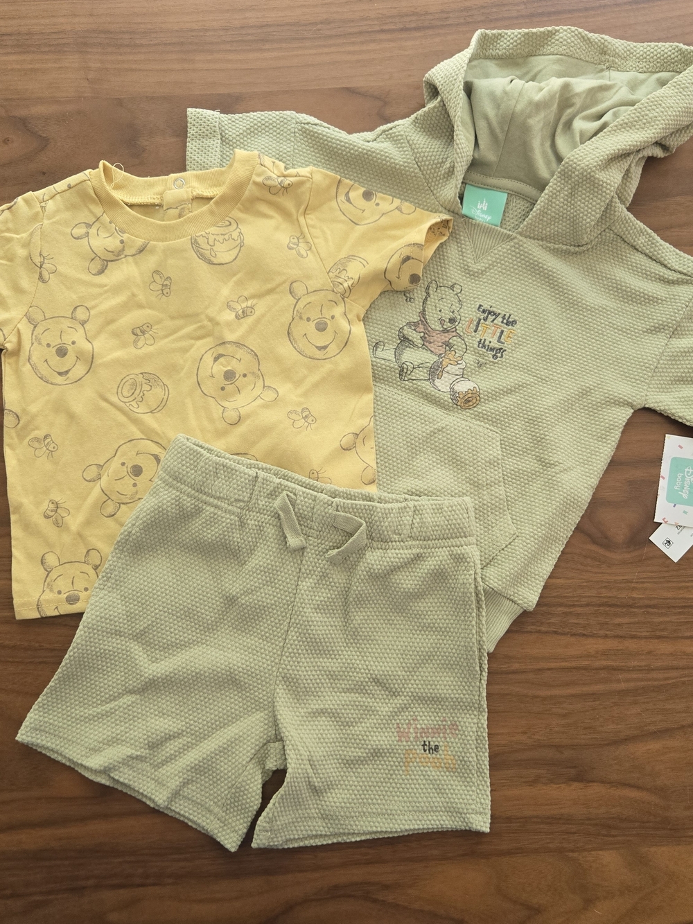 NWT Disney Baby Winnie the Pooh 3PC Waffle Knit Short Set Sage Green Yellow 9m